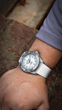 Thumbnail for Oceaneva Mens Deep Marine Explorer II White Dial Damascus Steel Watch - DM200WH Automatic watches, damascus steel, Damascus Steel Watch, Diver watch, White FKM rubber strap