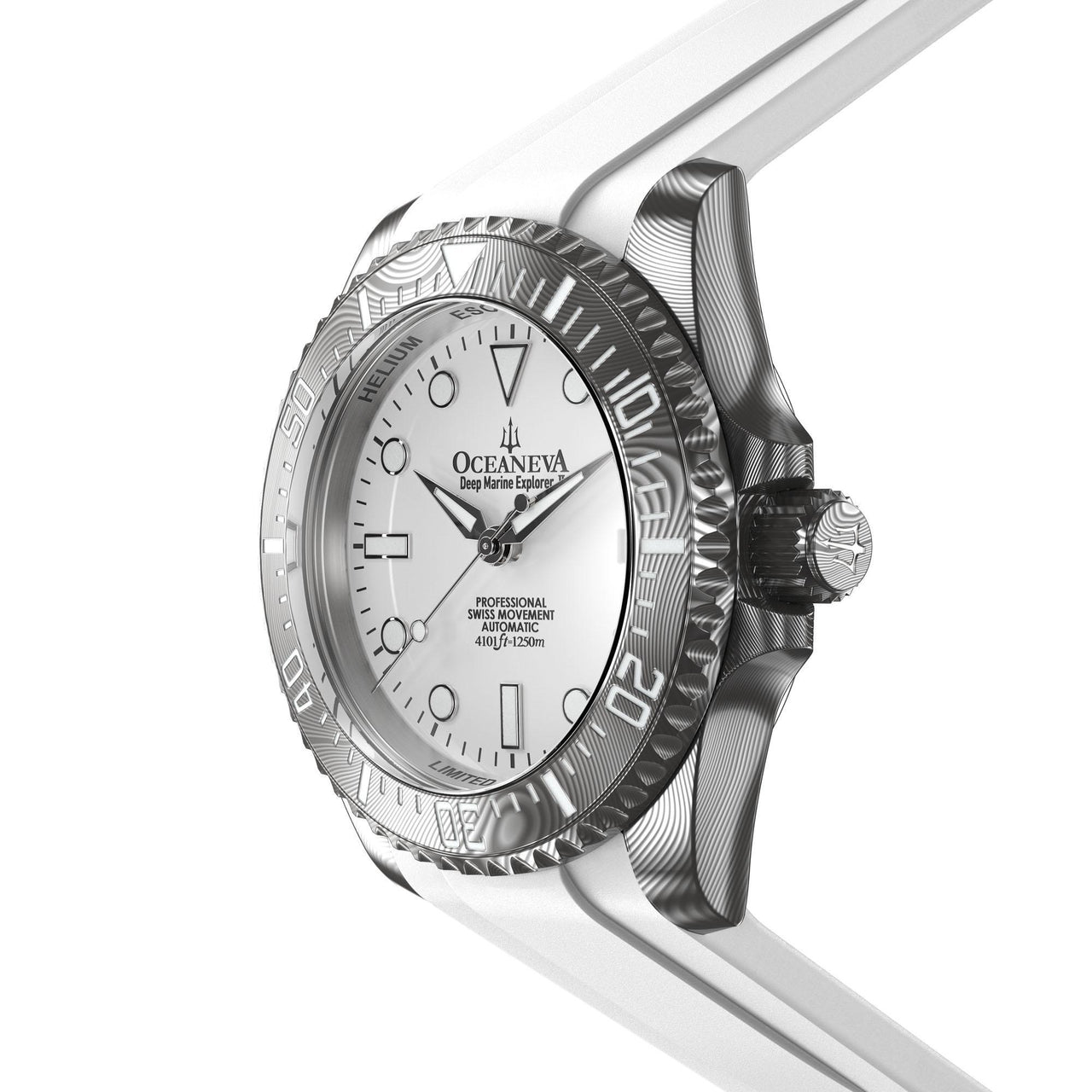 Oceaneva Mens Deep Marine Explorer II White Dial Damascus Steel Watch - DM200WH Automatic watches, damascus steel, Damascus Steel Watch, Diver watch, White FKM rubber strap