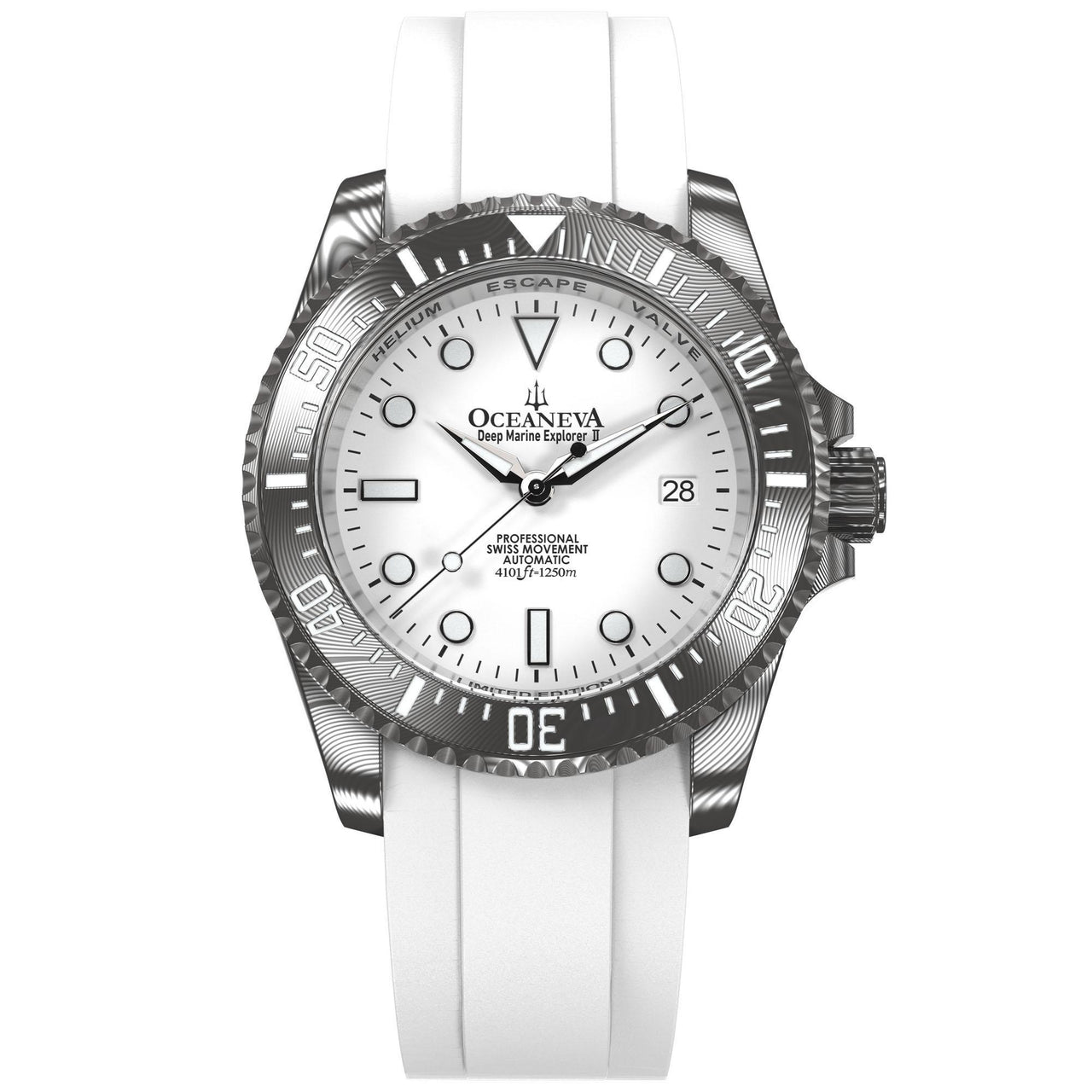 Oceaneva Mens Deep Marine Explorer II White Dial Damascus Steel Watch - DM200WH Automatic watches, damascus steel, Damascus Steel Watch, Diver watch, White FKM rubber strap