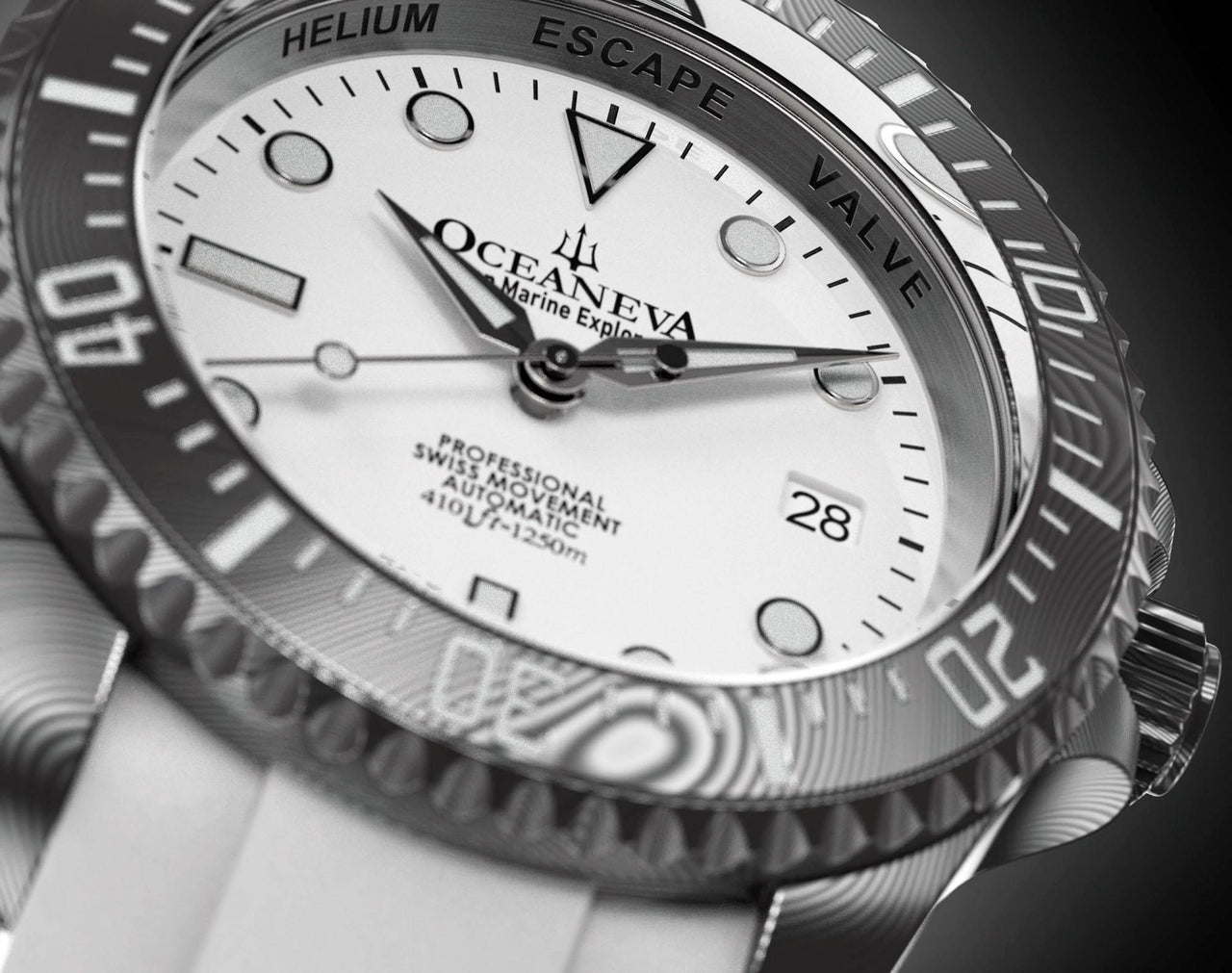 Oceaneva Mens Deep Marine Explorer II White Dial Damascus Steel Watch - DM200WH Automatic watches, damascus steel, Damascus Steel Watch, Diver watch, White FKM rubber strap