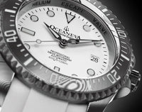 Thumbnail for Oceaneva Mens Deep Marine Explorer II White Dial Damascus Steel Watch - DM200WH Automatic watches, damascus steel, Damascus Steel Watch, Diver watch, White FKM rubber strap