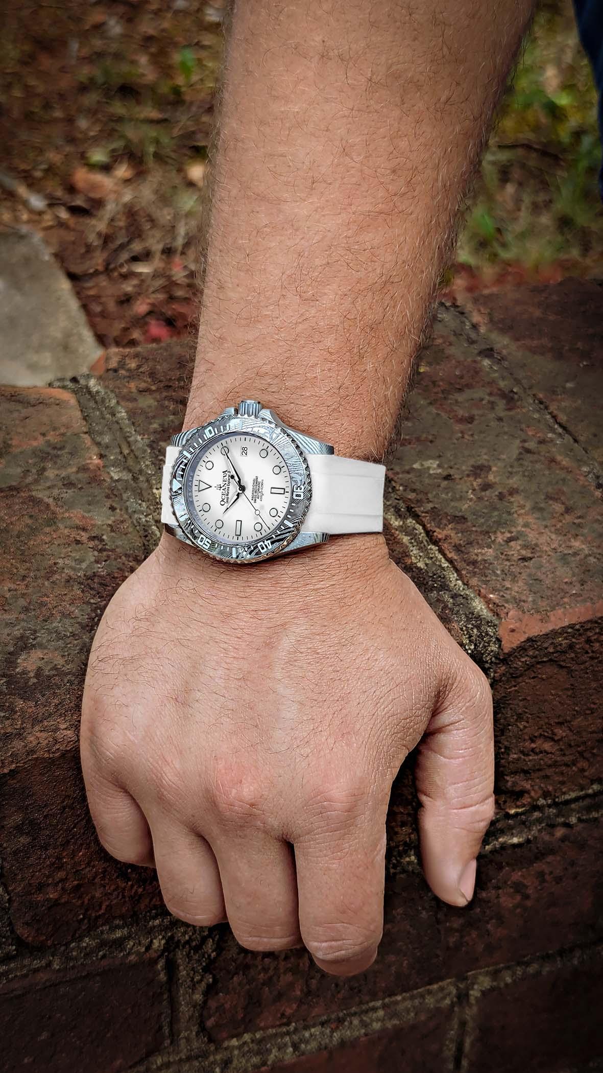 Oceaneva Mens Deep Marine Explorer II White Dial Damascus Steel Watch - DM200WH Automatic watches, damascus steel, Damascus Steel Watch, Diver watch, White FKM rubber strap