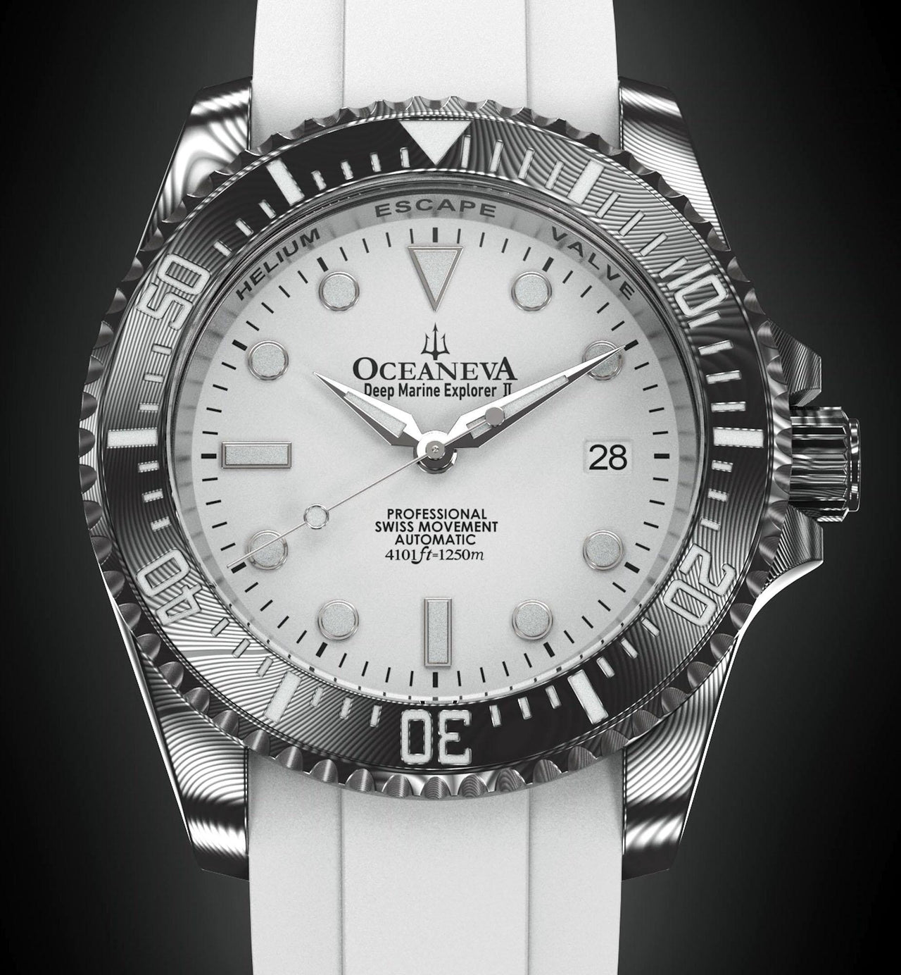 Oceaneva Mens Deep Marine Explorer II White Dial Damascus Steel Watch - DM200WH Automatic watches, damascus steel, Damascus Steel Watch, Diver watch, White FKM rubber strap