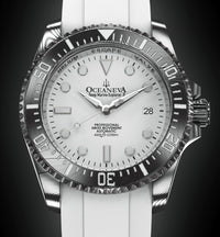Thumbnail for Oceaneva Mens Deep Marine Explorer II White Dial Damascus Steel Watch - DM200WH Automatic watches, damascus steel, Damascus Steel Watch, Diver watch, White FKM rubber strap