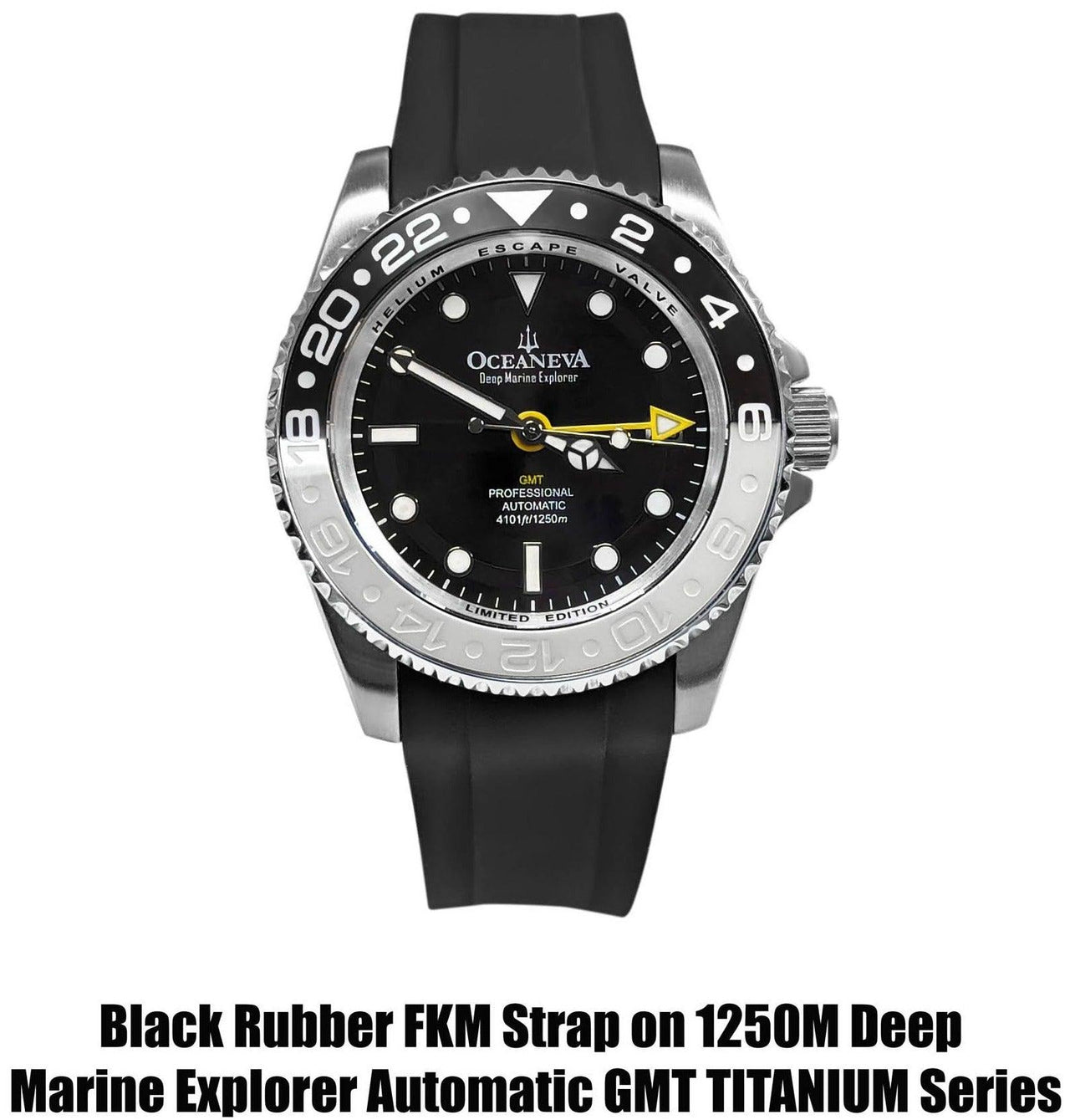 FKM Black Rubber Strap - BRUSHED Steel Buckle - FKM-BK-BR Black FKM rubber strap, FKM Rubber Watch Strap