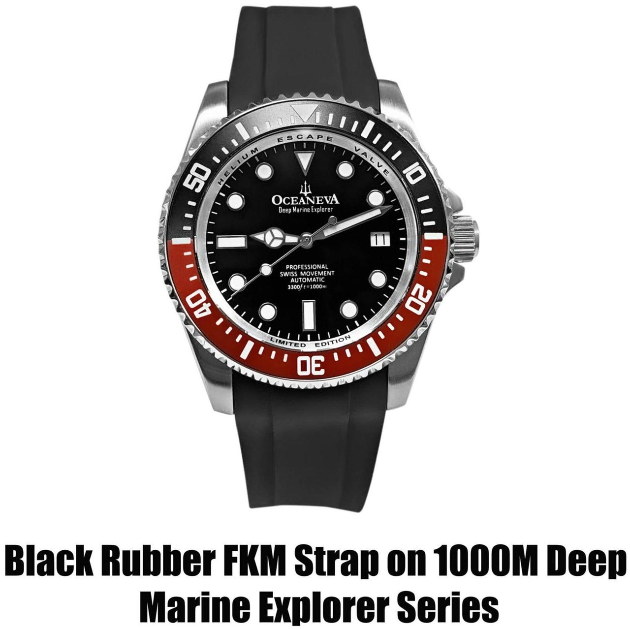 FKM Black Rubber Strap - POLISHED Steel Buckle - FKM-BK-PL Black FMK Rubber Strap, FKM Rubber Watch Strap