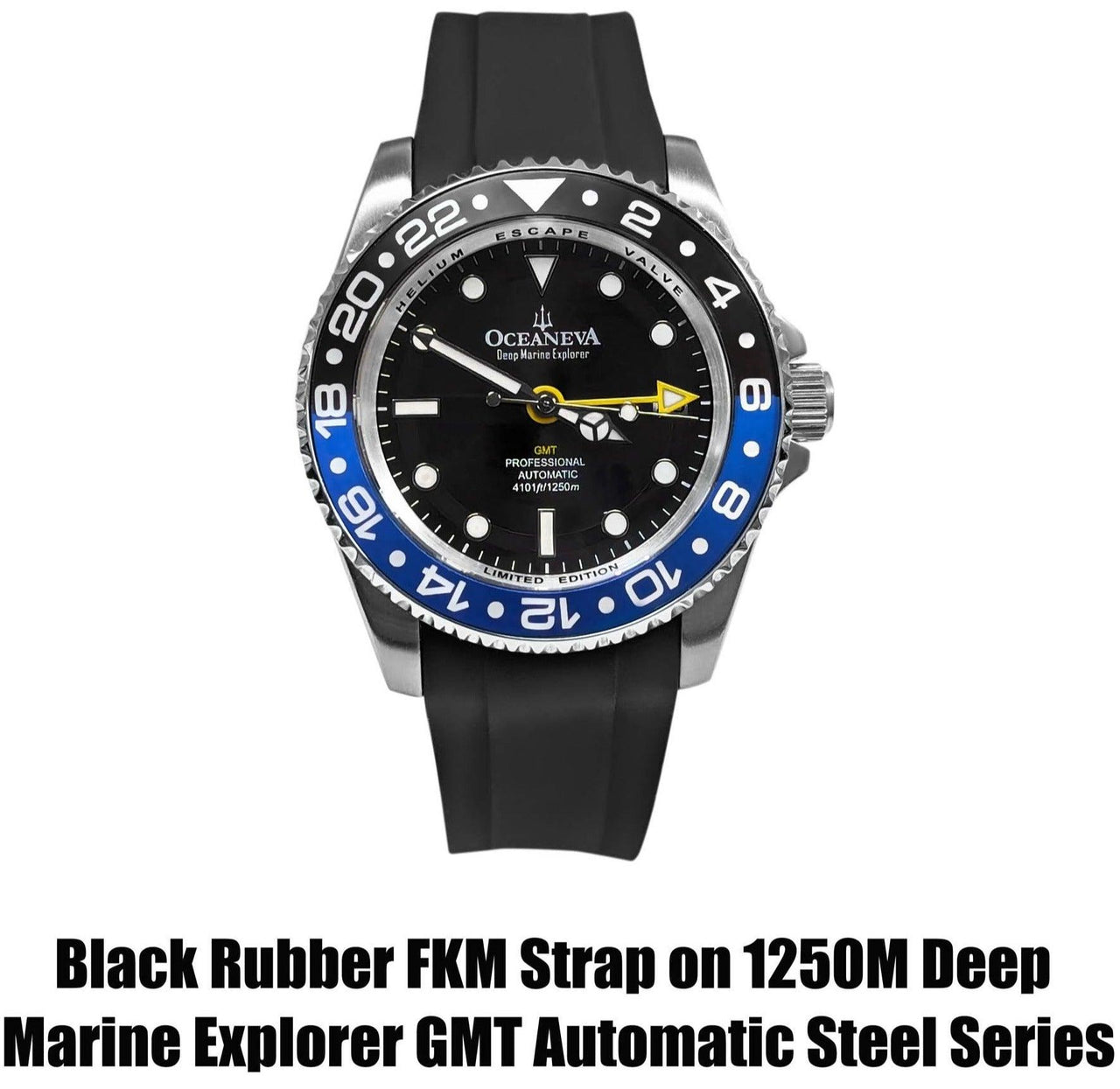 FKM Black Rubber Strap - POLISHED Steel Buckle - FKM-BK-PL Black FMK Rubber Strap, FKM Rubber Watch Strap
