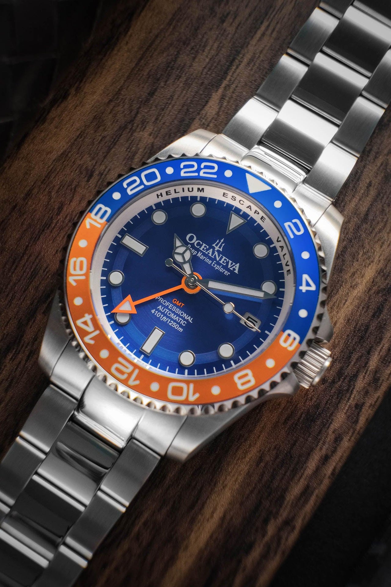 Oceaneva Men's Automatic GMT Watch 1250m Blue Dial Watch - BL.BL.NH.OY.GMT.ST automatic GMT watch, Automatic watches, Diver GMT, GMT Dive Watch, men's gmt watches