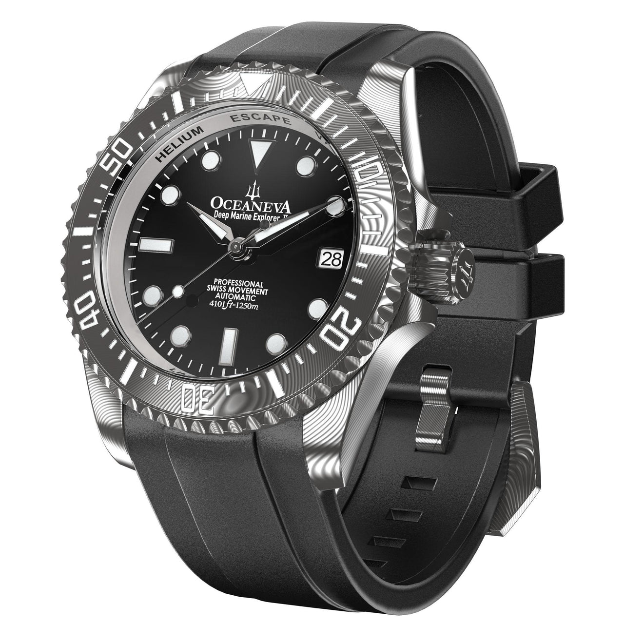 Oceaneva Men's Deep Marine Explorer II 1250m Damascus Steel Watch Rubber Strap - DM200BK Automatic watches, damascus steel, Damascus steel dive watch, Damascus Steel Watch, Diver watch