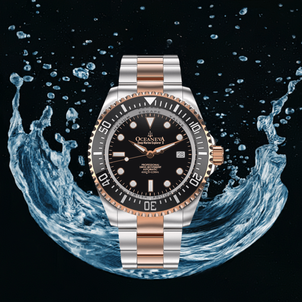 Oceaneva Men's Deep Marine Explorer II 1250M Pro Diver Watch Black Rose Gold - BKII200BKSTRGD 1000M, 1250M, 316L Stainless Steel Watch, Automatic Watch, BGW9 Swiss-Superluminova, Ceramic Bezel, Dive Watch, Sw200-1 Swiss Automatic Movement