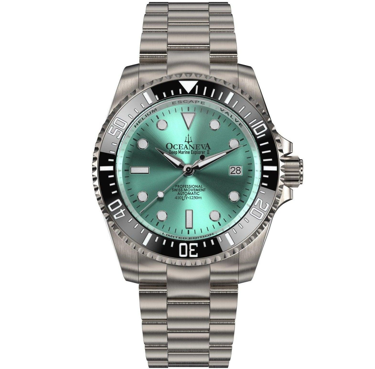 Oceaneva Men's Deep Marine Explorer II 1250M Titanium Watch Aquamarine Burst Dial - BKII200AQTT Automatic watches, mens titanium watch, mint dial watches, Titanium Watch, titanium watches for men