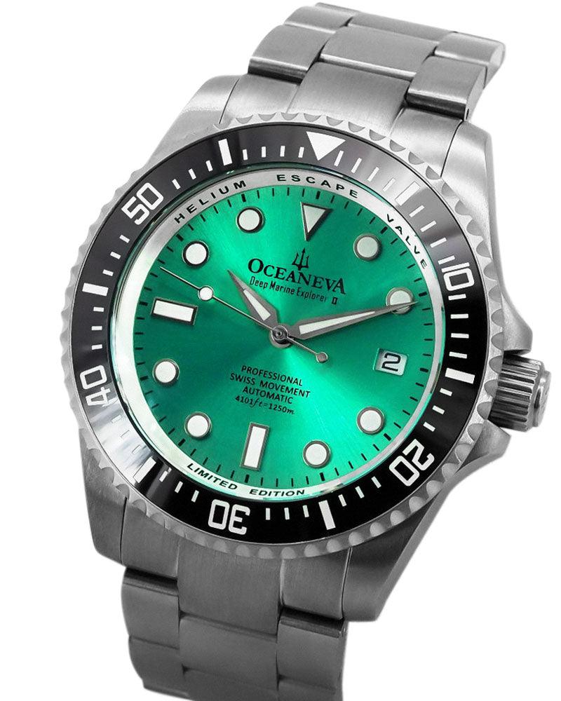 Oceaneva Men's Deep Marine Explorer II 1250M Titanium Watch Aquamarine Burst Dial - BKII200AQTT Automatic watches, mens titanium watch, mint dial watches, Titanium Watch, titanium watches for men