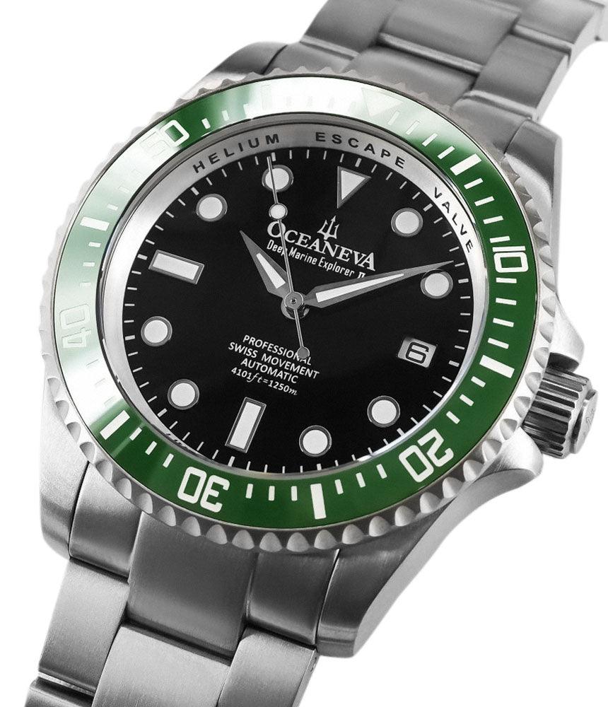 Oceaneva Men's Deep Marine Explorer II 1250M Titanium Watch Black and Green - GRII200BKTT Automatic watches, black dial watch, mens titanium watch, Titanium Watch, titanium watches for men