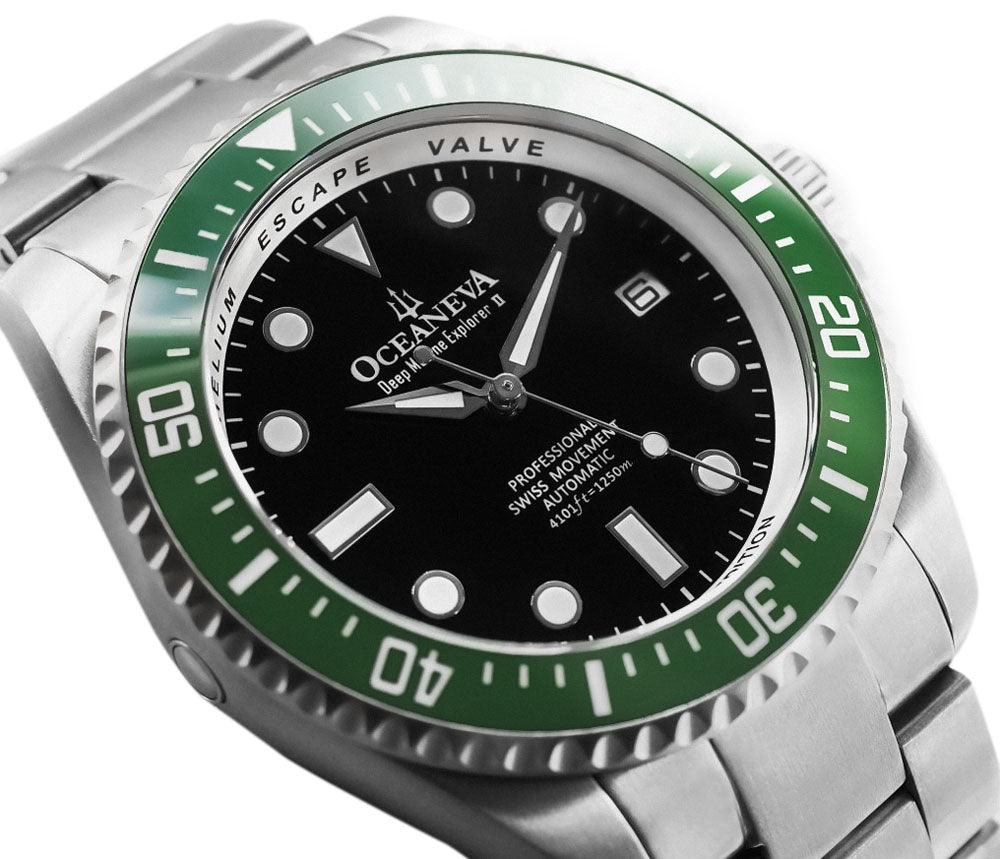 Oceaneva Men's Deep Marine Explorer II 1250M Titanium Watch Black and Green - GRII200BKTT Automatic watches, black dial watch, mens titanium watch, Titanium Watch, titanium watches for men