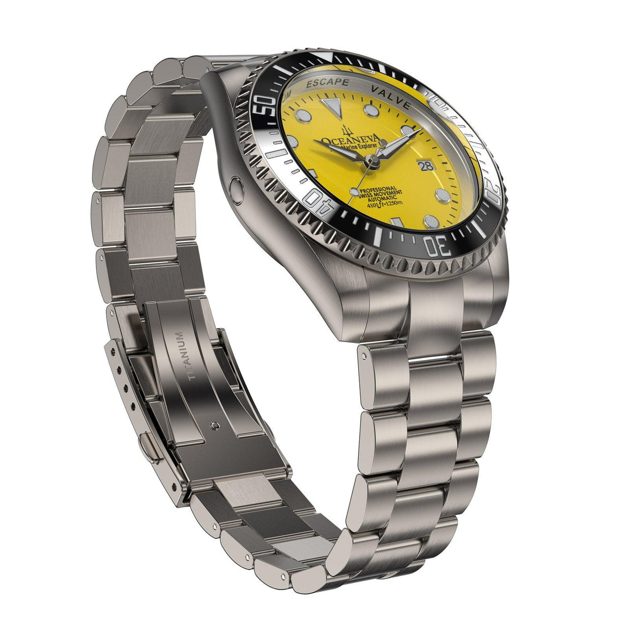 Oceaneva Men's Deep Marine Explorer II 1250M Titanium Watch Yellow - BKII200YLTT Automatic watches, mens titanium watch, Titanium Watch, titanium watches for men, yellow dial watch