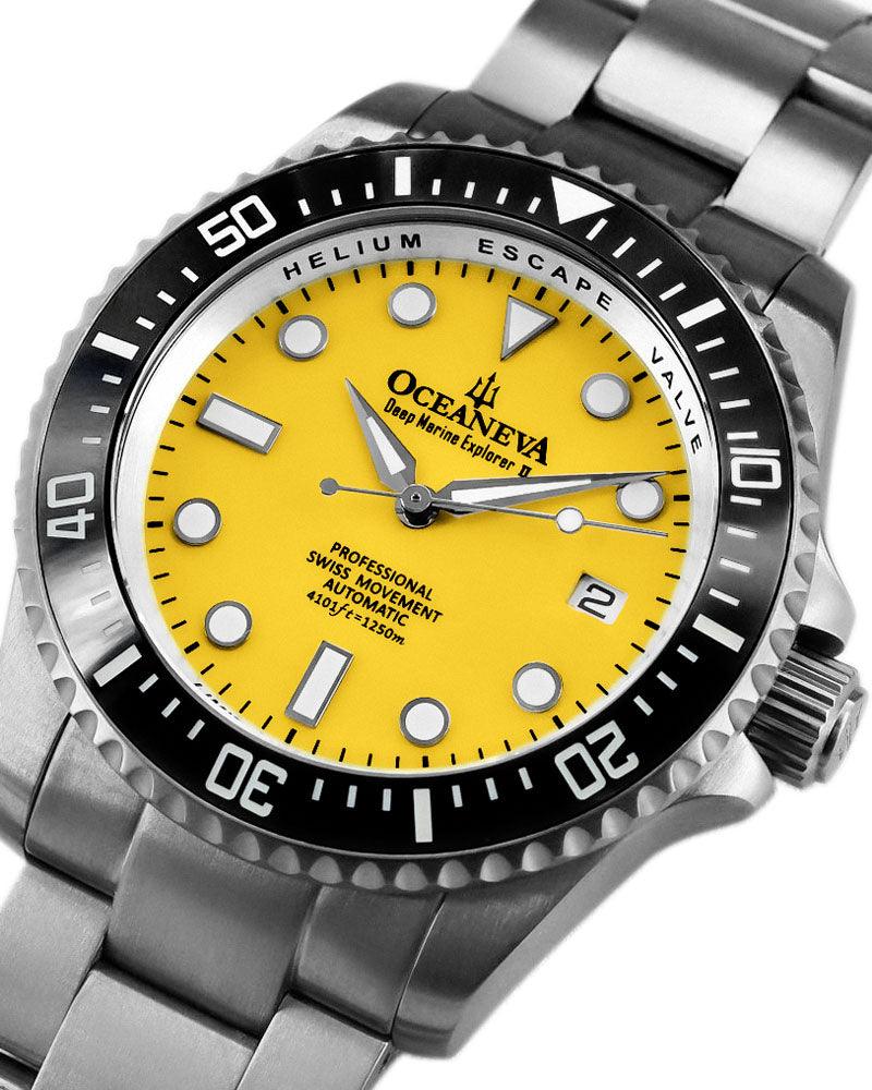 Oceaneva Men's Deep Marine Explorer II 1250M Titanium Watch Yellow - BKII200YLTT Automatic watches, mens titanium watch, Titanium Watch, titanium watches for men, yellow dial watch