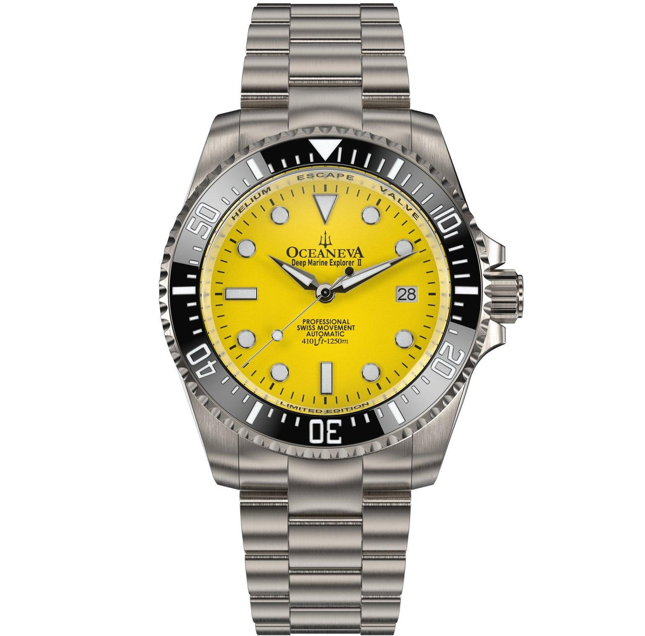 Oceaneva Men's Deep Marine Explorer II 1250M Titanium Watch Yellow - BKII200YLTT Automatic watches, mens titanium watch, Titanium Watch, titanium watches for men, yellow dial watch