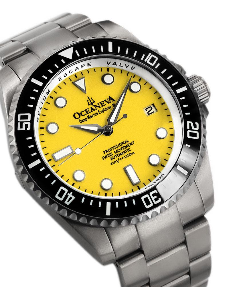 Oceaneva Men's Deep Marine Explorer II 1250M Titanium Watch Yellow - BKII200YLTT Automatic watches, mens titanium watch, Titanium Watch, titanium watches for men, yellow dial watch