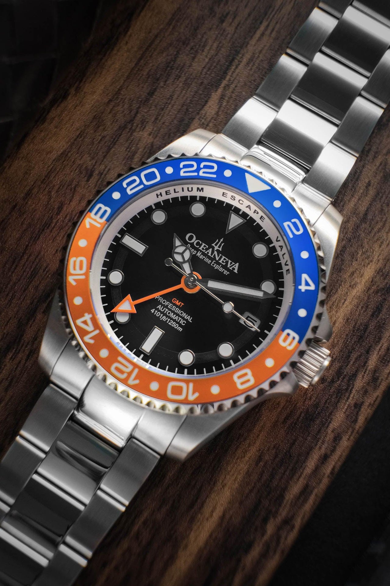 Oceaneva Men's GMT Automatic Deep Marine Explorer 1250M Pro Diver Blue Orange Bezel Watch - BK.BL.NH.OY.GMT.ST automatic GMT watch, Automatic watches, Diver GMT, GMT Dive Watch, v