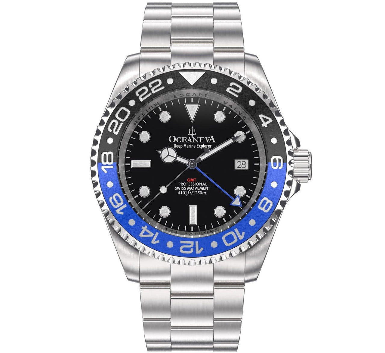 Oceaneva Men's GMT Deep Marine Explorer 1250M Pro Diver Watch Blue and Black - BL.RH.BK.GMT.ST 1250M diver, Dive Watch, Diver watch, GMT, GMT Wach, GMT Watch, Stainless Steel Dive Watch, Stainless Steel Watch, Swiss Quartz Movement