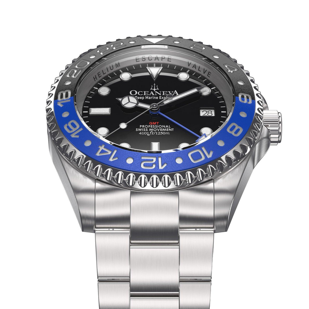 Oceaneva Men's GMT Deep Marine Explorer 1250M Pro Diver Watch Blue and Black - BL.RH.BK.GMT.ST 1250M diver, Dive Watch, Diver watch, GMT, GMT Wach, GMT Watch, Stainless Steel Dive Watch, Stainless Steel Watch, Swiss Quartz Movement