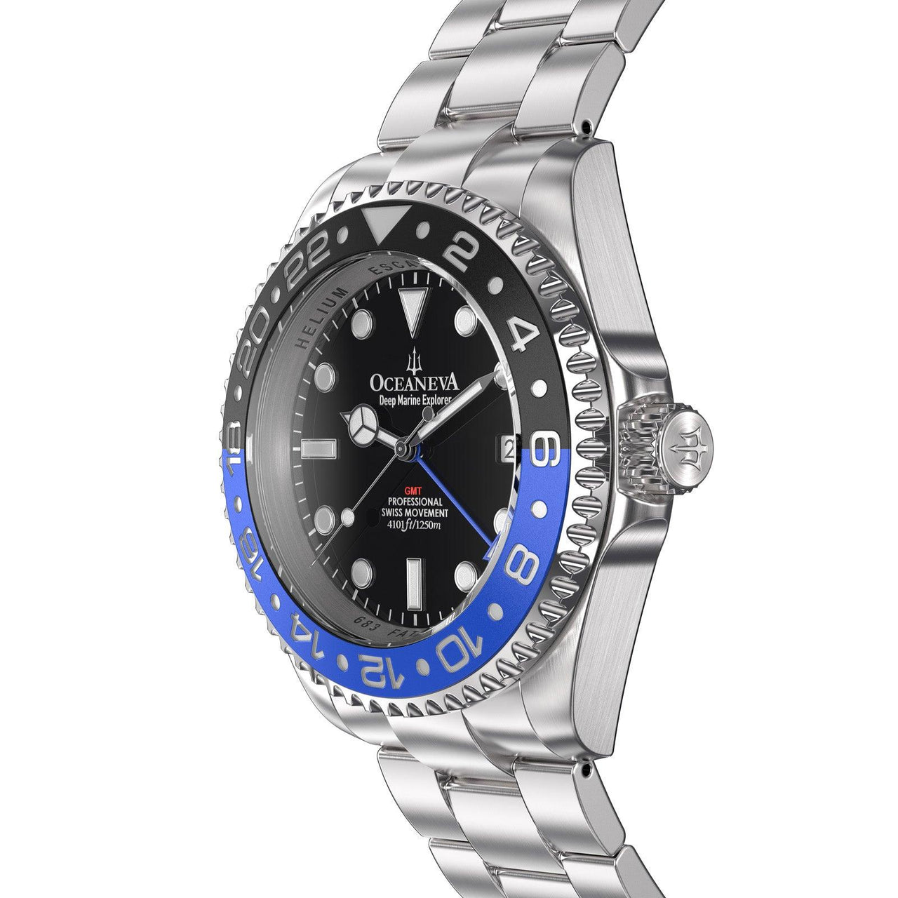 Oceaneva Men's GMT Deep Marine Explorer 1250M Pro Diver Watch Blue and Black - BL.RH.BK.GMT.ST 1250M diver, Dive Watch, Diver watch, GMT, GMT Wach, GMT Watch, Stainless Steel Dive Watch, Stainless Steel Watch, Swiss Quartz Movement