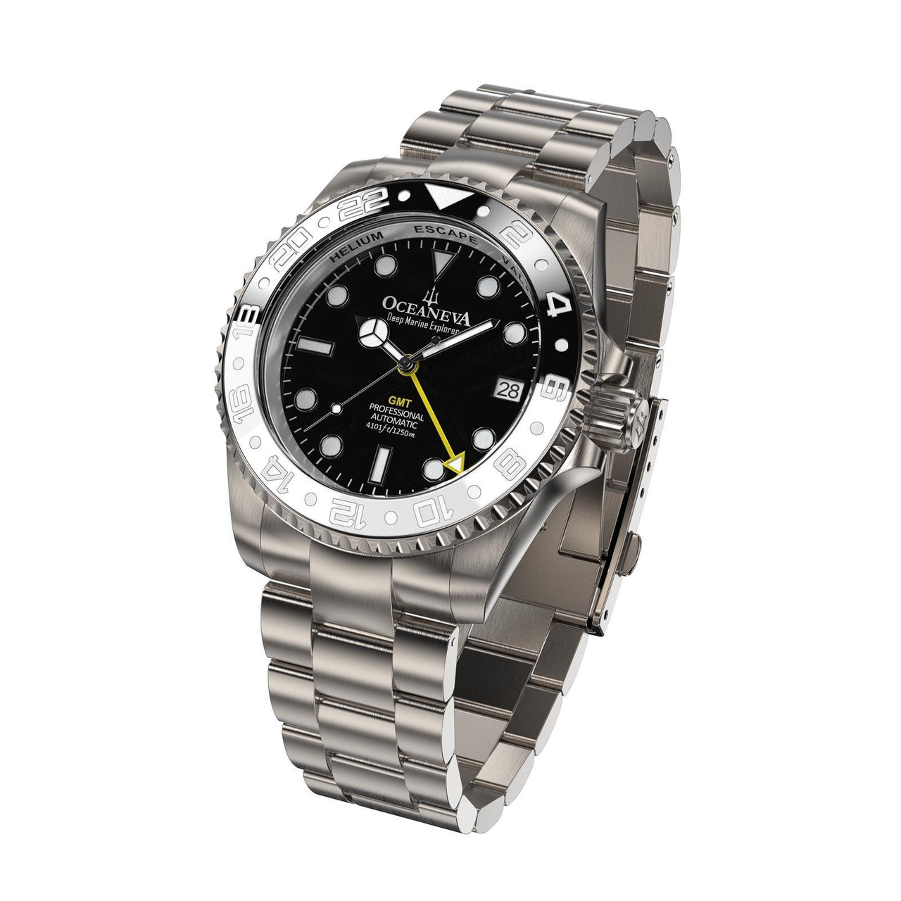 Oceaneva Men's GMT TITANIUM Automatic Deep Marine Explorer 1250M Black & White Ceramic Bezel Watch - BK.BK.NHCR.WH.GMT.TT automatic GMT watch, titanium automatic watch, Titanium GMT, Titanium watches, Titanum GMT watch