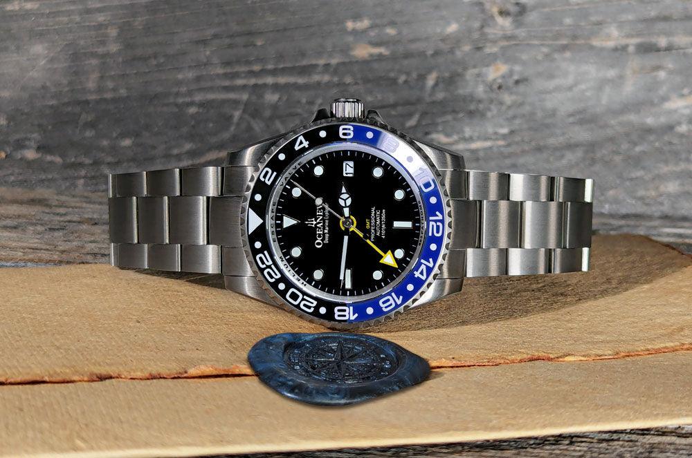 Oceaneva Men's GMT TITANIUM Automatic Deep Marine Explorer 1250M Black Ceramic Bezel Watch - BK.BK.NHCR.BL.GMT.TT automatic GMT watch, titanium automatic watch, Titanium GMT, Titanium watches, Titanum GMT watch