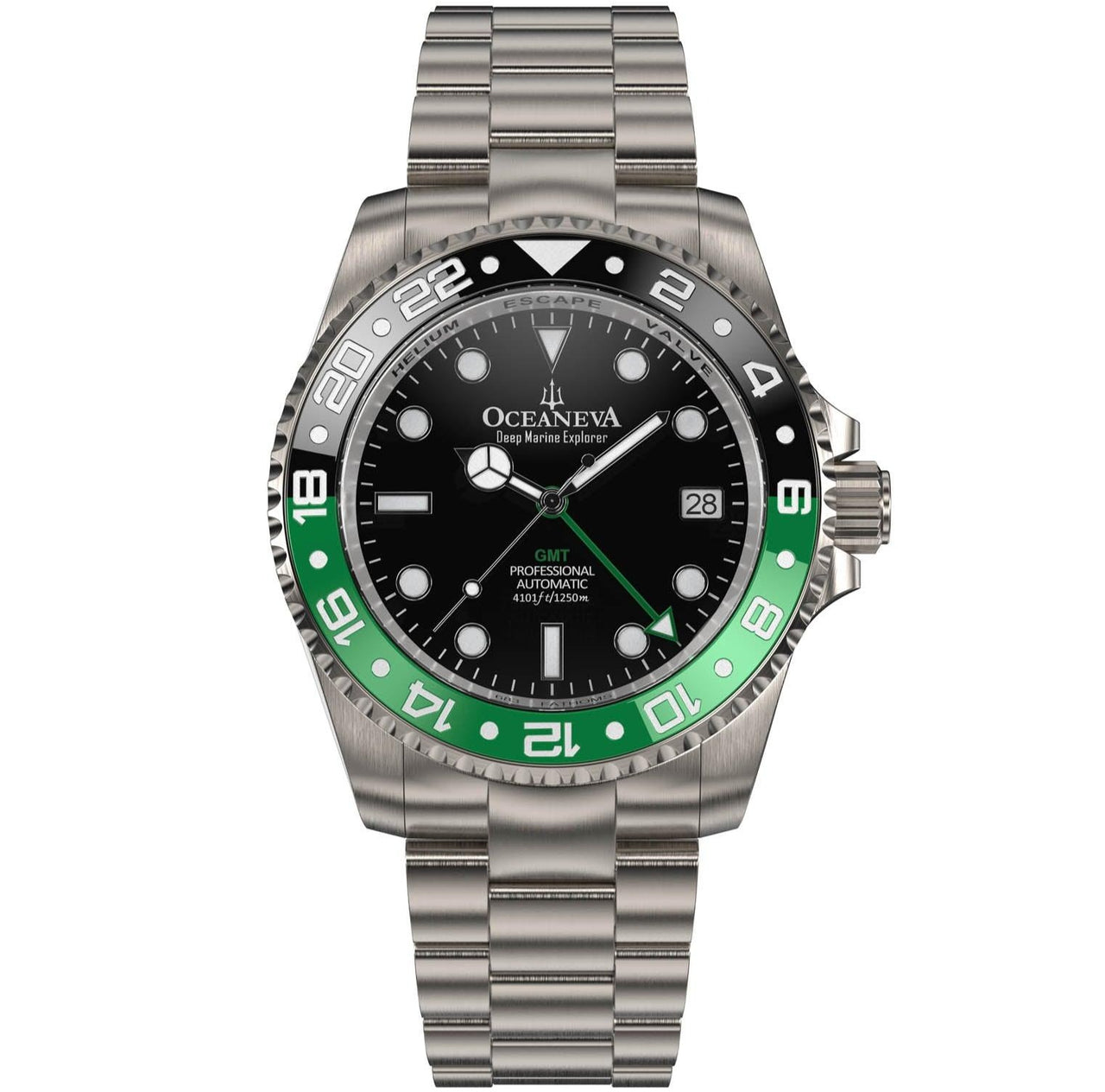 Oceaneva Men's GMT TITANIUM Automatic Deep Marine Explorer 1250M Black Green Bezel Watch - BK.GR.NHCR.BK.GMT.TT automatic GMT watch, titanium automatic watch, Titanium GMT, Titanium watches, Titanum GMT watch