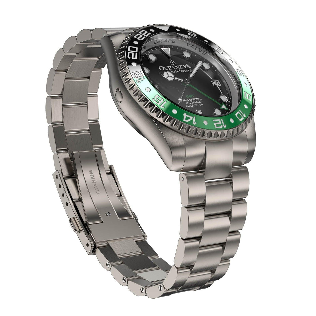 Oceaneva Men's GMT TITANIUM Automatic Deep Marine Explorer 1250M Black Green Bezel Watch - BK.GR.NHCR.BK.GMT.TT automatic GMT watch, titanium automatic watch, Titanium GMT, Titanium watches, Titanum GMT watch