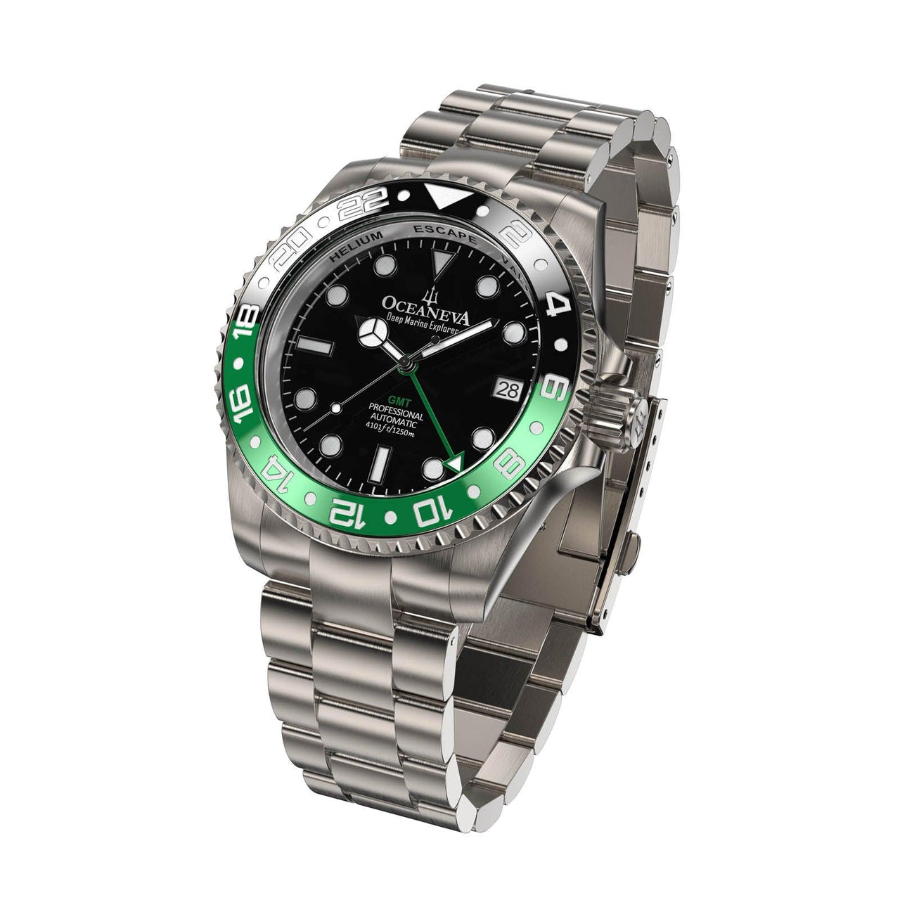 Oceaneva Men's GMT TITANIUM Automatic Deep Marine Explorer 1250M Black Green Bezel Watch - BK.GR.NHCR.BK.GMT.TT automatic GMT watch, titanium automatic watch, Titanium GMT, Titanium watches, Titanum GMT watch