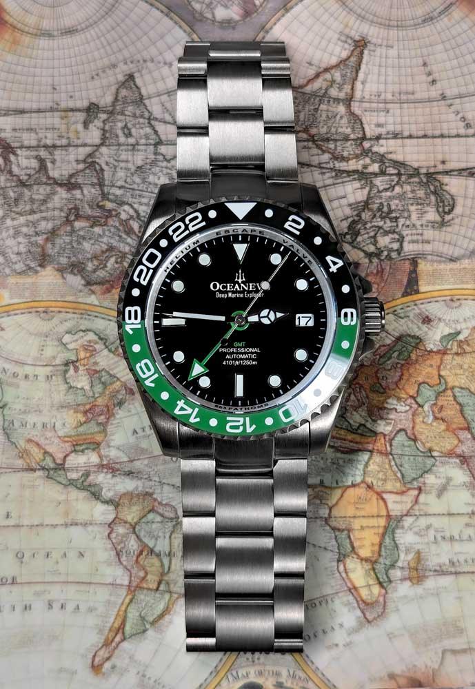 Oceaneva Men's GMT TITANIUM Automatic Deep Marine Explorer 1250M Black Green Bezel Watch - BK.GR.NHCR.BK.GMT.TT automatic GMT watch, titanium automatic watch, Titanium GMT, Titanium watches, Titanum GMT watch