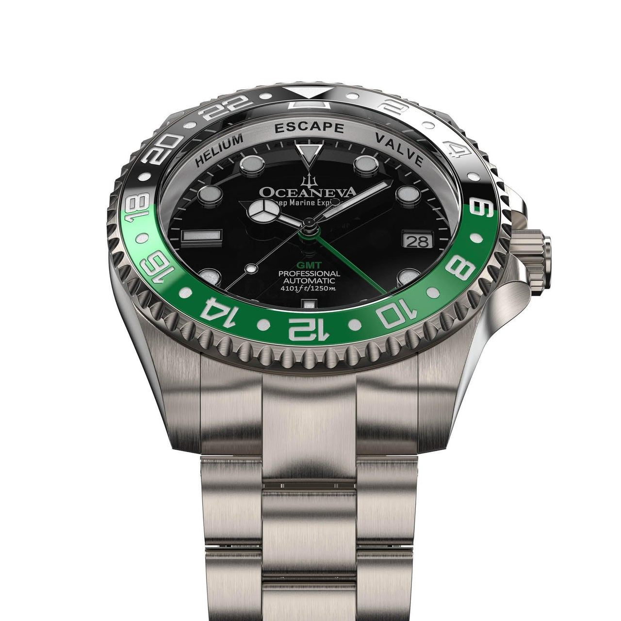 Oceaneva Men's GMT TITANIUM Automatic Deep Marine Explorer 1250M Black Green Bezel Watch - BK.GR.NHCR.BK.GMT.TT automatic GMT watch, titanium automatic watch, Titanium GMT, Titanium watches, Titanum GMT watch