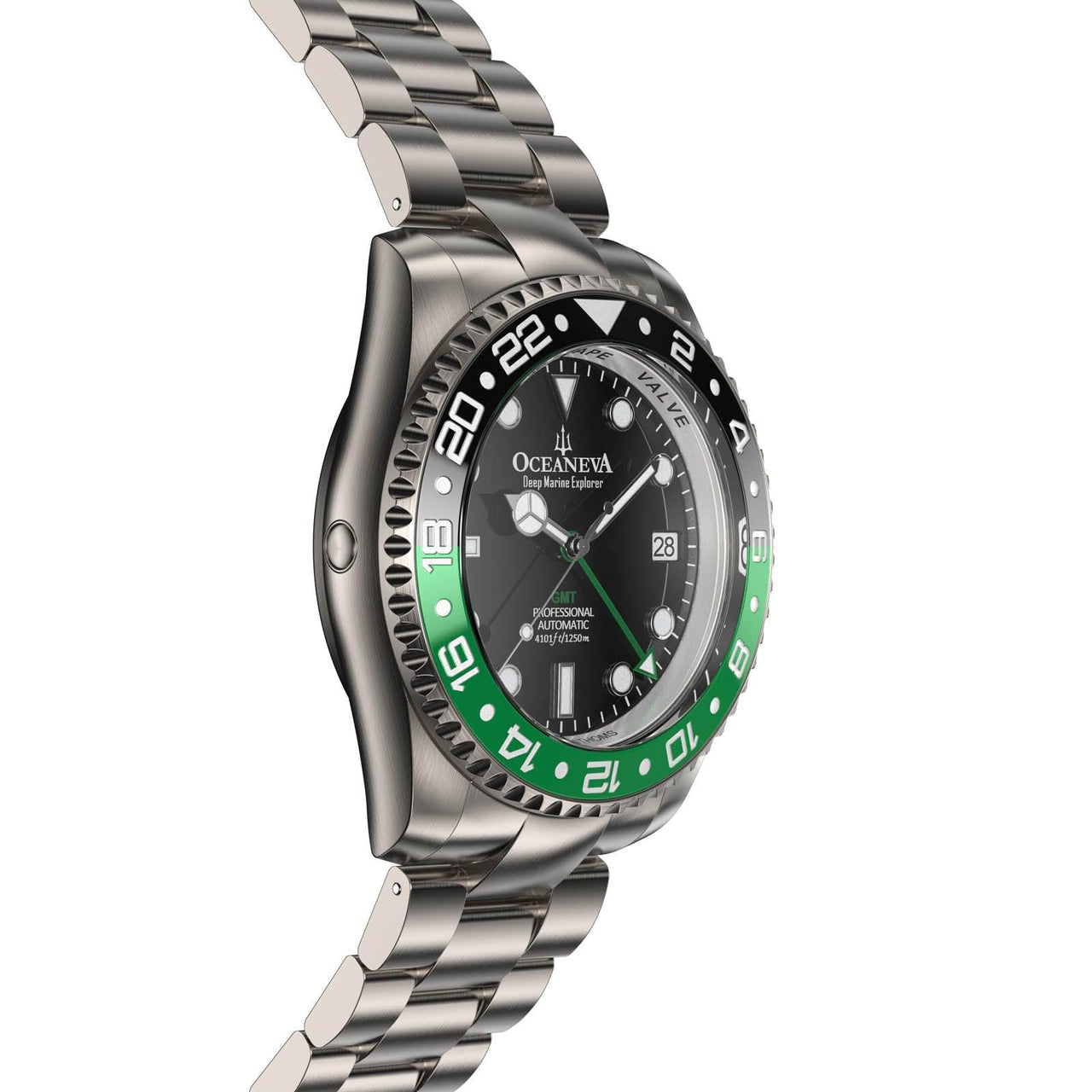 Oceaneva Men's GMT TITANIUM Automatic Deep Marine Explorer 1250M Black Green Bezel Watch - BK.GR.NHCR.BK.GMT.TT automatic GMT watch, titanium automatic watch, Titanium GMT, Titanium watches, Titanum GMT watch