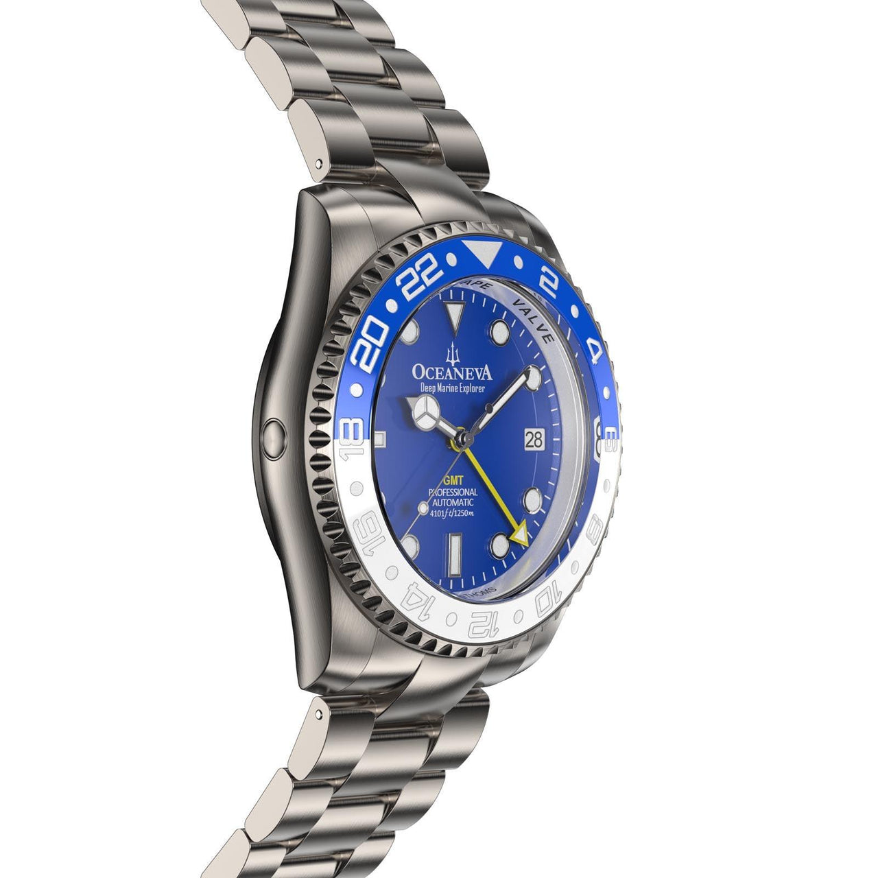 Oceaneva Men's GMT TITANIUM Automatic Deep Marine Explorer 1250M Blue & White Ceramic Bezel Watch - BL.WH.NHCR.BL.GMT.TT automatic GMT watch, titanium automatic watch, Titanium GMT, Titanium watches, Titanum GMT watch