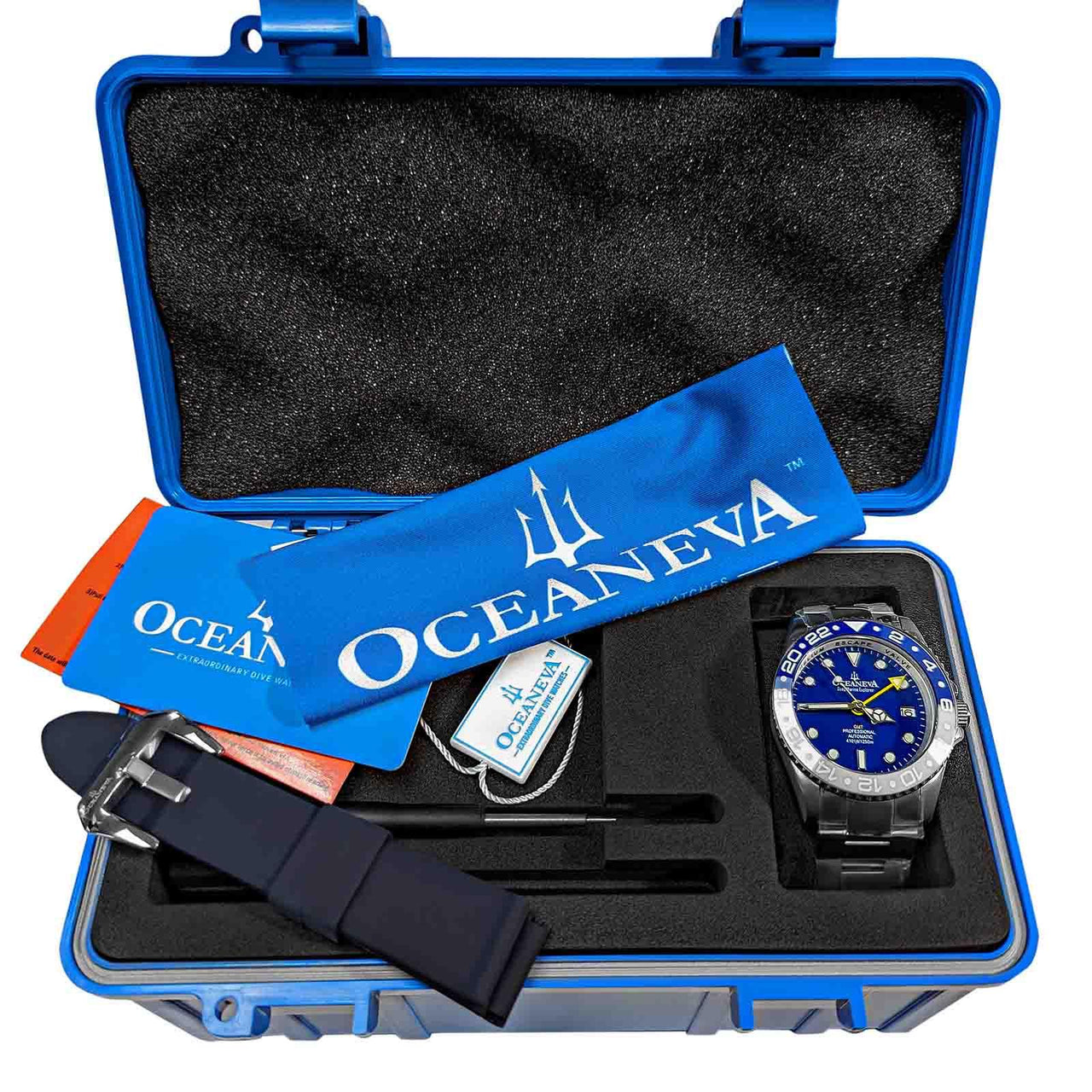 Oceaneva Men's GMT TITANIUM Automatic Deep Marine Explorer 1250M Blue & White Ceramic Bezel Watch - BL.WH.NHCR.BL.GMT.TT automatic GMT watch, titanium automatic watch, Titanium GMT, Titanium watches, Titanum GMT watch