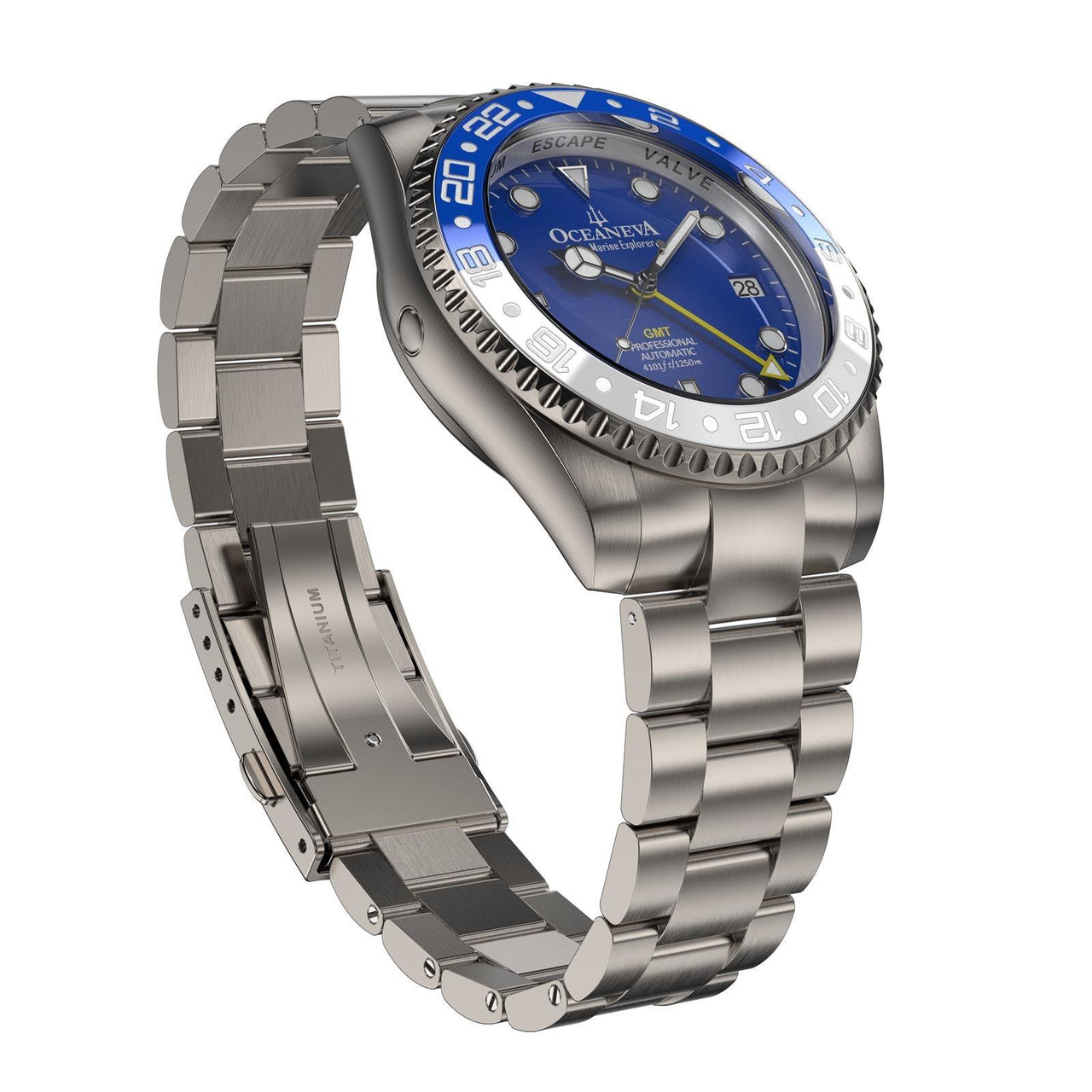 Oceaneva Men's GMT TITANIUM Automatic Deep Marine Explorer 1250M Blue & White Ceramic Bezel Watch - BL.WH.NHCR.BL.GMT.TT automatic GMT watch, titanium automatic watch, Titanium GMT, Titanium watches, Titanum GMT watch