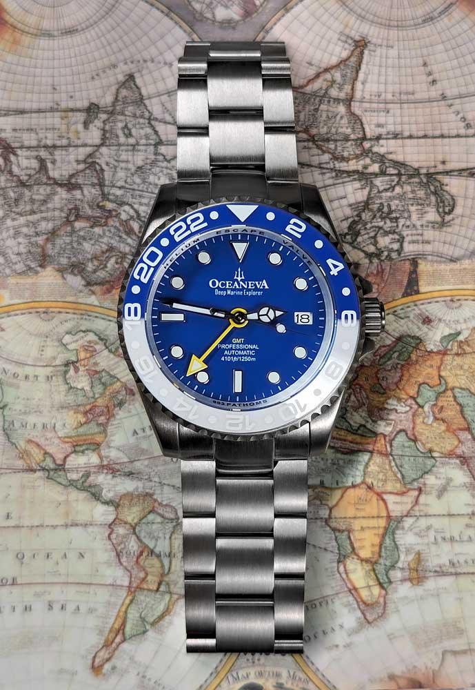 Oceaneva Men's GMT TITANIUM Automatic Deep Marine Explorer 1250M Blue & White Ceramic Bezel Watch - BL.WH.NHCR.BL.GMT.TT automatic GMT watch, titanium automatic watch, Titanium GMT, Titanium watches, Titanum GMT watch