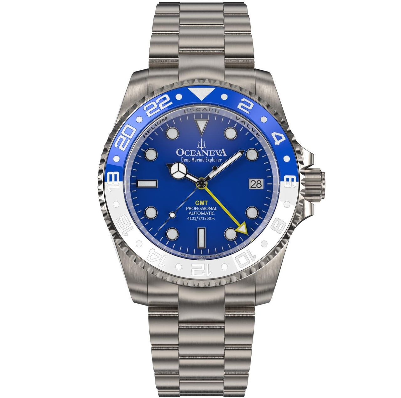 Oceaneva Men's GMT TITANIUM Automatic Deep Marine Explorer 1250M Blue & White Ceramic Bezel Watch - BL.WH.NHCR.BL.GMT.TT automatic GMT watch, titanium automatic watch, Titanium GMT, Titanium watches, Titanum GMT watch