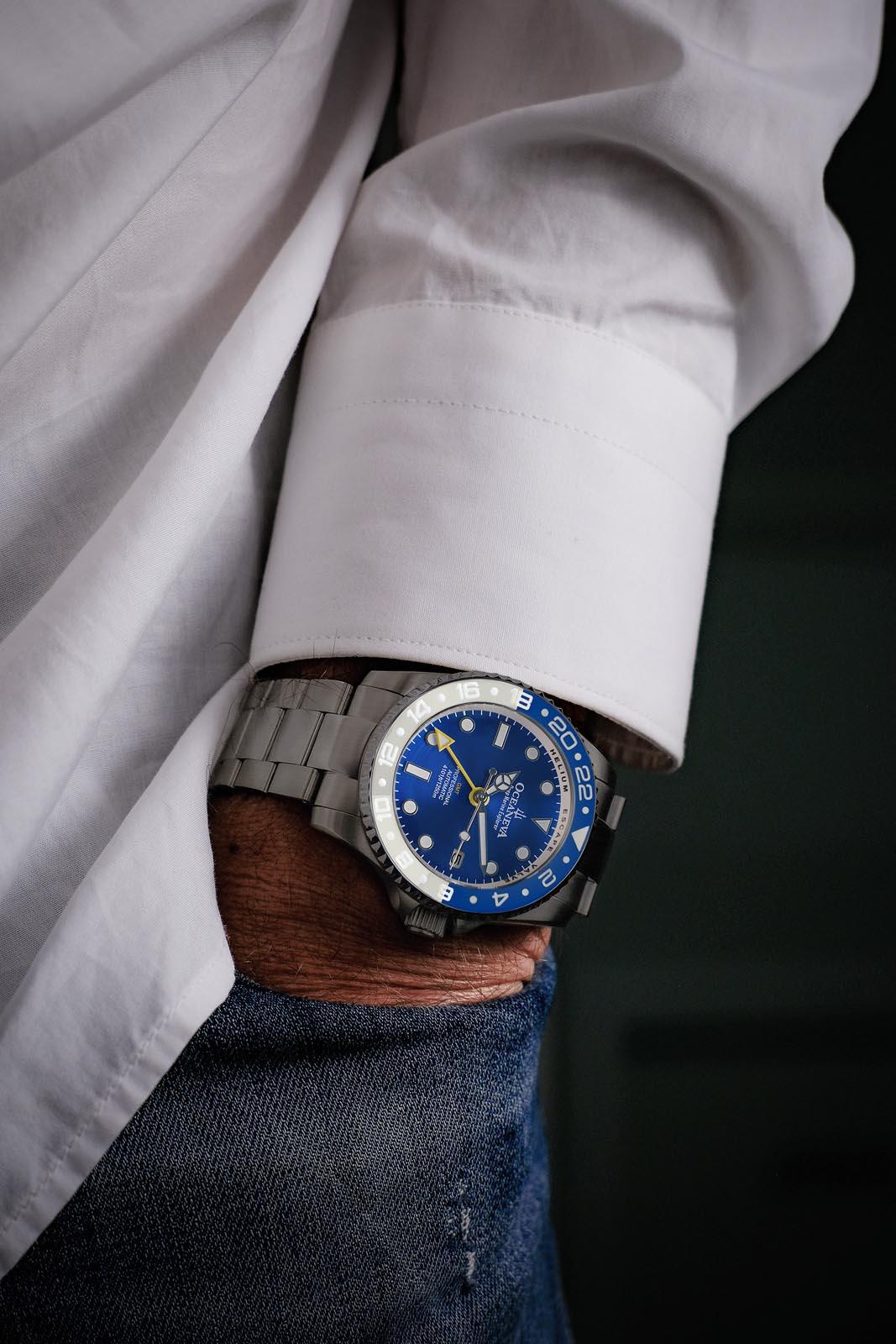 Oceaneva Men's GMT TITANIUM Automatic Deep Marine Explorer 1250M Blue & White Ceramic Bezel Watch - BL.WH.NHCR.BL.GMT.TT automatic GMT watch, titanium automatic watch, Titanium GMT, Titanium watches, Titanum GMT watch