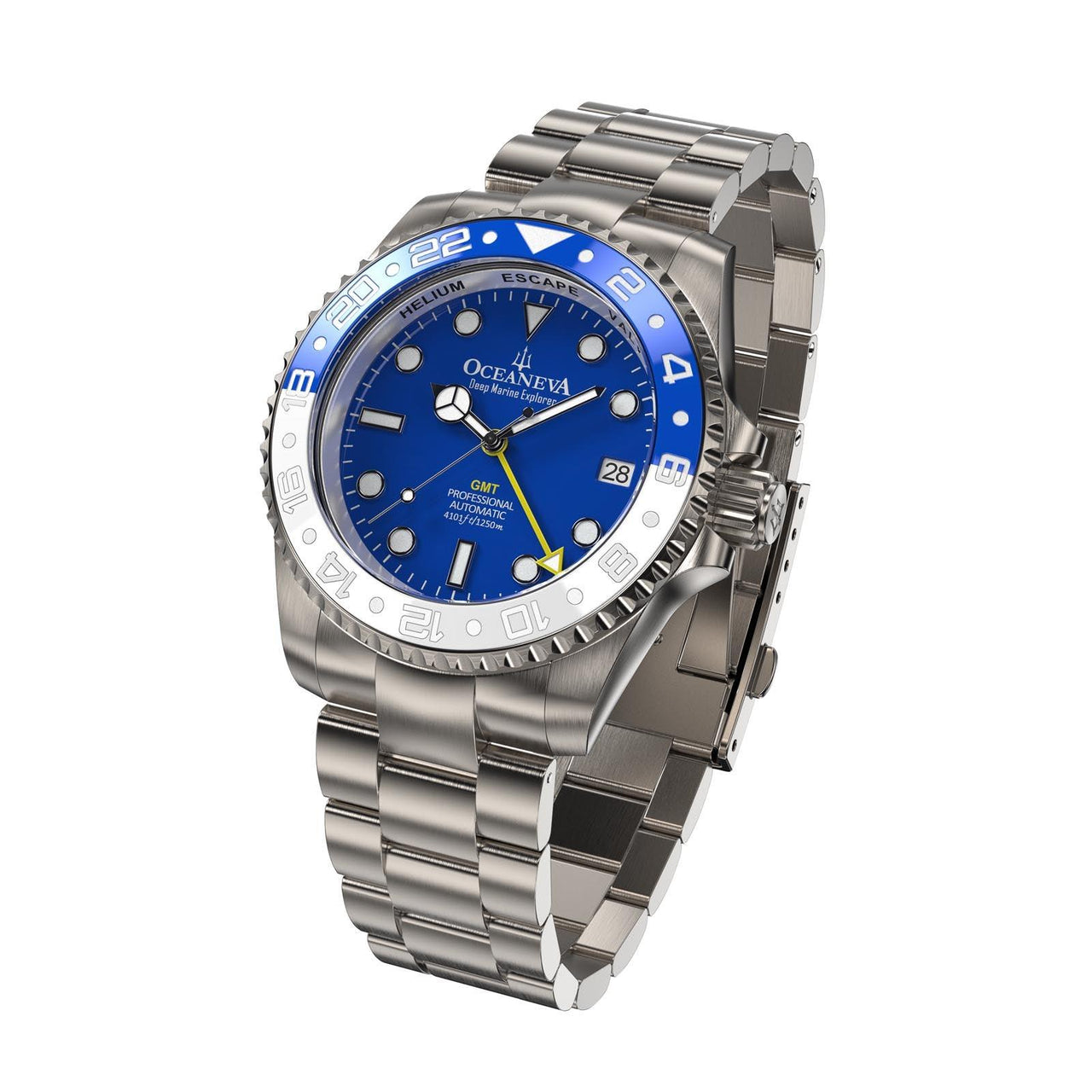 Oceaneva Men's GMT TITANIUM Automatic Deep Marine Explorer 1250M Blue & White Ceramic Bezel Watch - BL.WH.NHCR.BL.GMT.TT automatic GMT watch, titanium automatic watch, Titanium GMT, Titanium watches, Titanum GMT watch