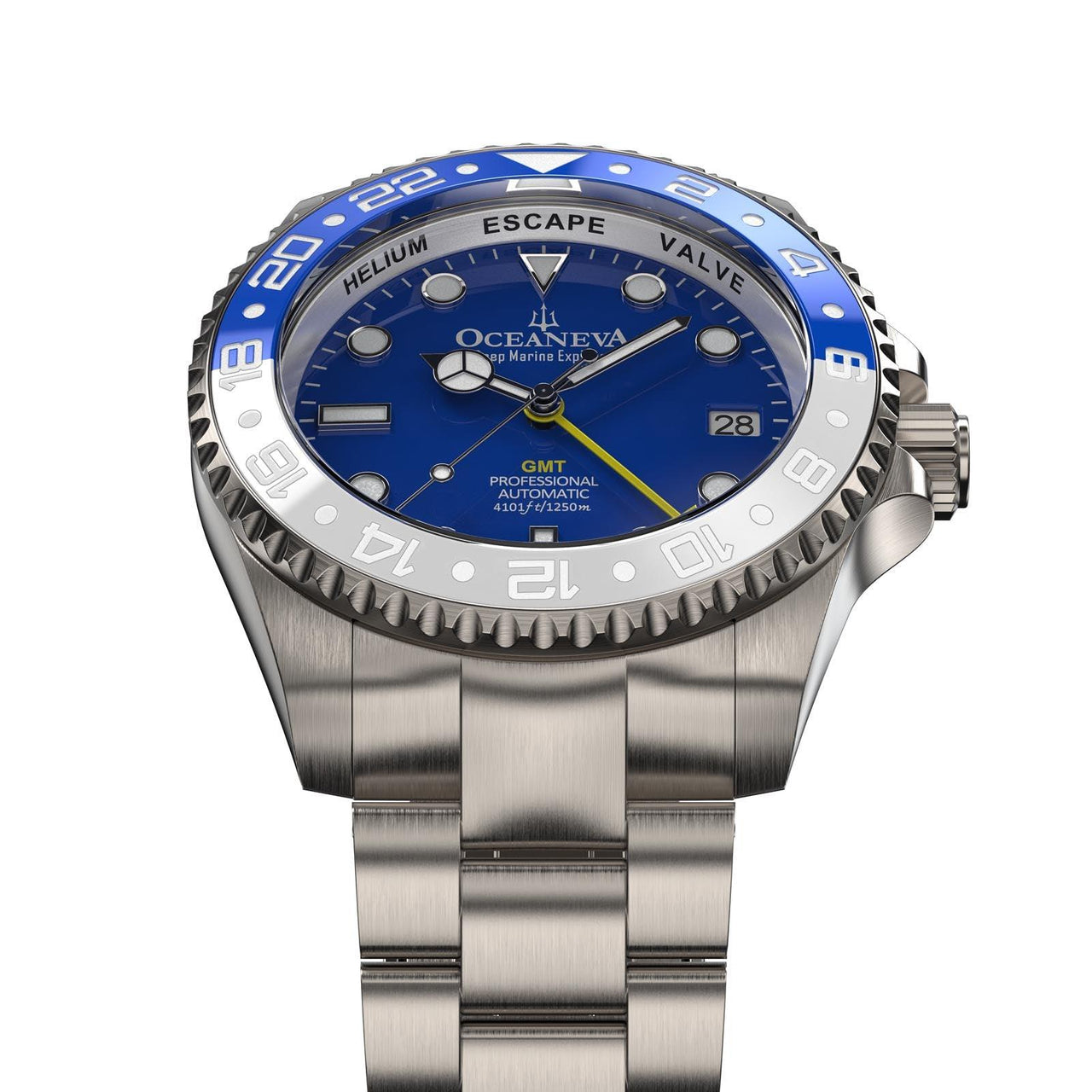 Oceaneva Men's GMT TITANIUM Automatic Deep Marine Explorer 1250M Blue & White Ceramic Bezel Watch - BL.WH.NHCR.BL.GMT.TT automatic GMT watch, titanium automatic watch, Titanium GMT, Titanium watches, Titanum GMT watch