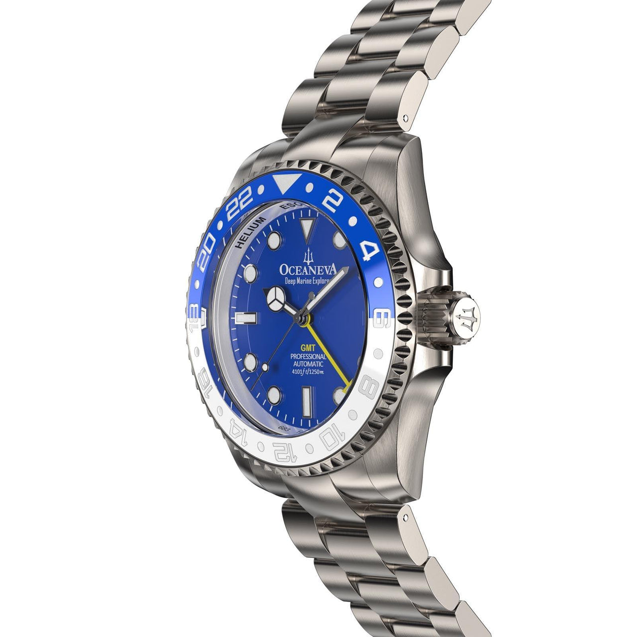 Oceaneva Men's GMT TITANIUM Automatic Deep Marine Explorer 1250M Blue & White Ceramic Bezel Watch - BL.WH.NHCR.BL.GMT.TT automatic GMT watch, titanium automatic watch, Titanium GMT, Titanium watches, Titanum GMT watch