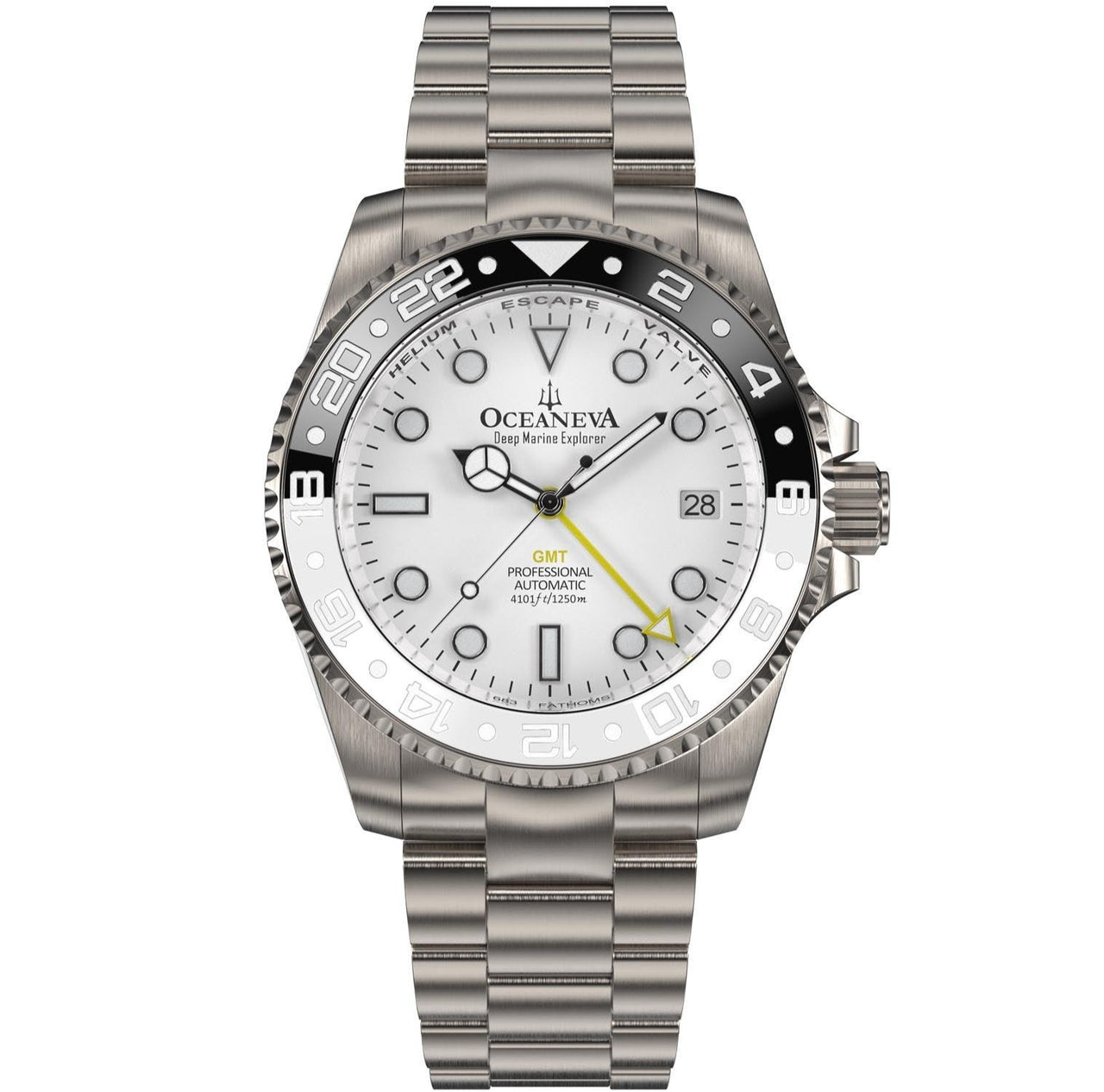 Oceaneva Men's GMT TITANIUM Automatic Deep Marine Explorer 1250M White & Black Ceramic Bezel Watch - WH.BK.NHCR.WH.GMT.TT automatic GMT watch, titanium automatic watch, Titanium GMT, Titanium watches, Titanum GMT watch
