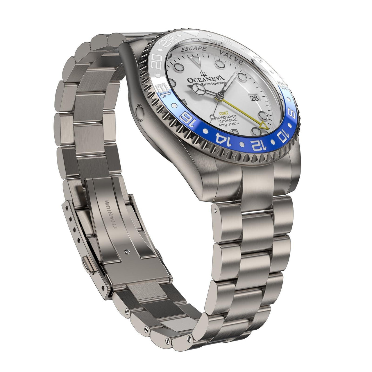 Oceaneva Men's GMT TITANIUM Automatic Deep Marine Explorer 1250M White & Blue Ceramic Bezel Watch - WH.WH.NHCR.BL.GMT.TT automatic GMT watch, titanium automatic watch, Titanium GMT, Titanium watches, Titanum GMT watch