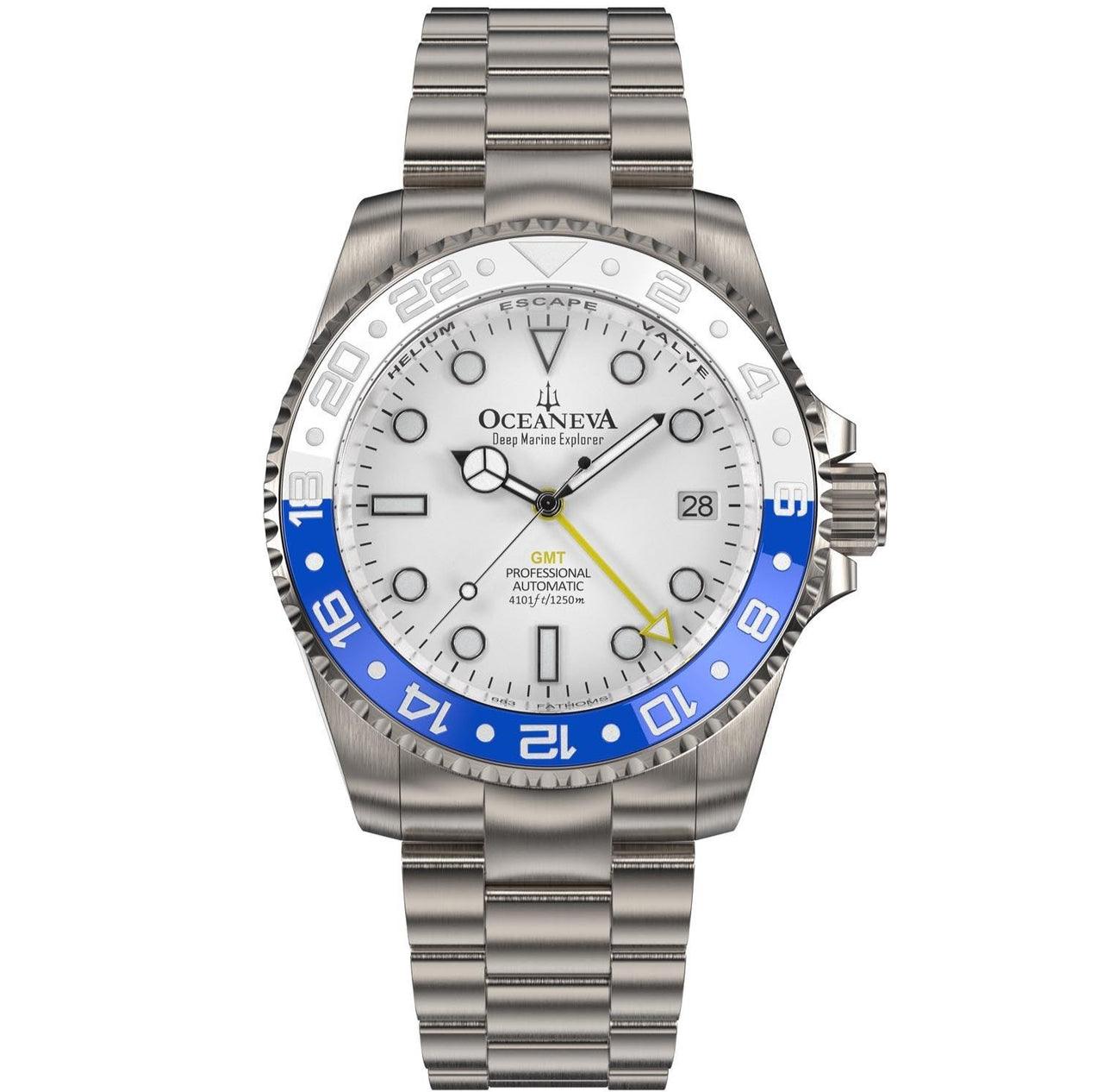 Oceaneva Men's GMT TITANIUM Automatic Deep Marine Explorer 1250M White & Blue Ceramic Bezel Watch - WH.WH.NHCR.BL.GMT.TT automatic GMT watch, titanium automatic watch, Titanium GMT, Titanium watches, Titanum GMT watch