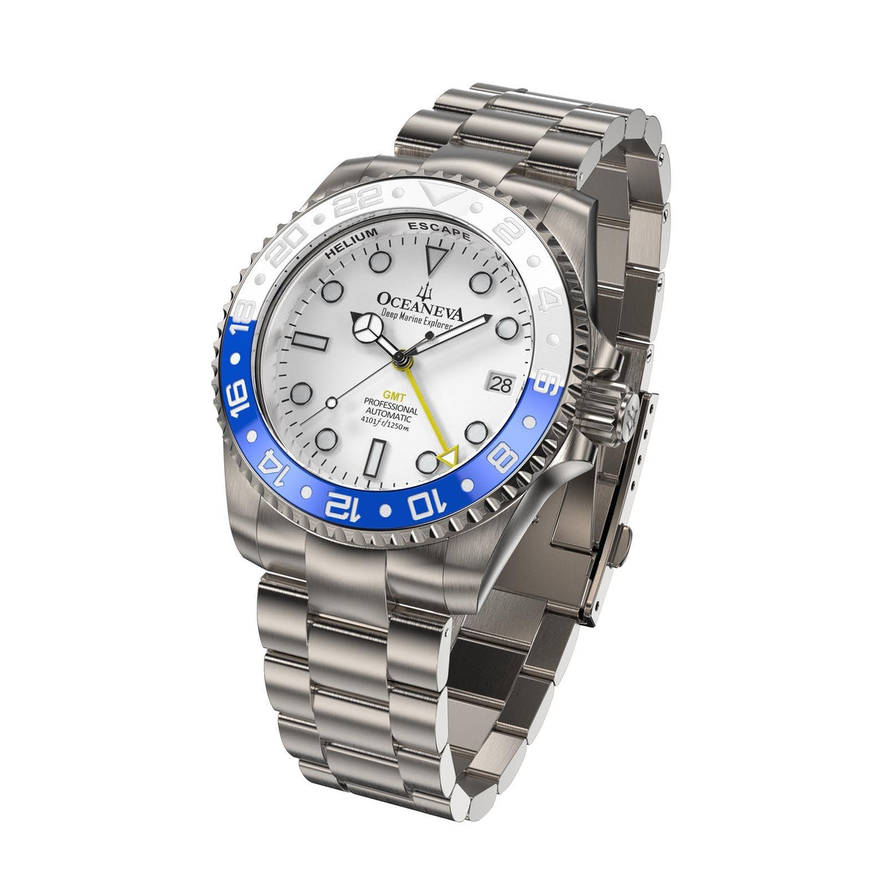 Oceaneva Men's GMT TITANIUM Automatic Deep Marine Explorer 1250M White & Blue Ceramic Bezel Watch - WH.WH.NHCR.BL.GMT.TT automatic GMT watch, titanium automatic watch, Titanium GMT, Titanium watches, Titanum GMT watch