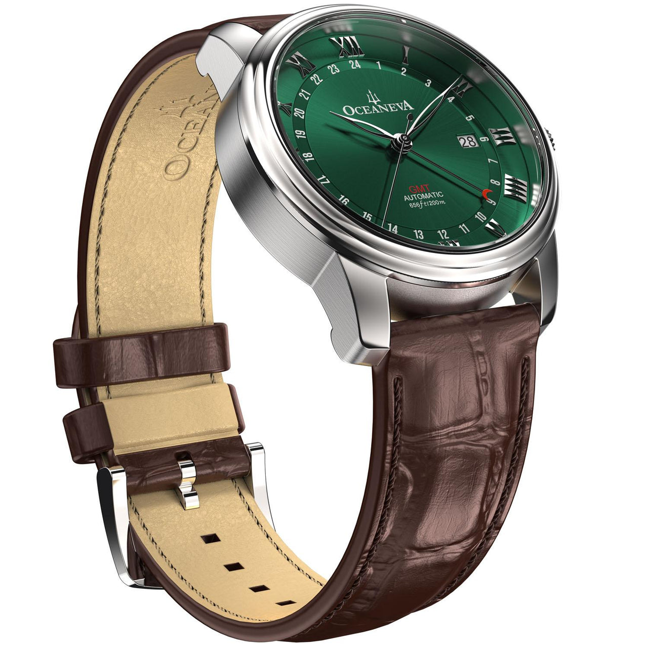 Oceaneva Men's OceanTrek GMT Automatic 200m Leather Watch Green - OTGR200M34NH-Brown Strap automatic GMT watch, Automatic watches, Diver GMT, GMT Dive Watch