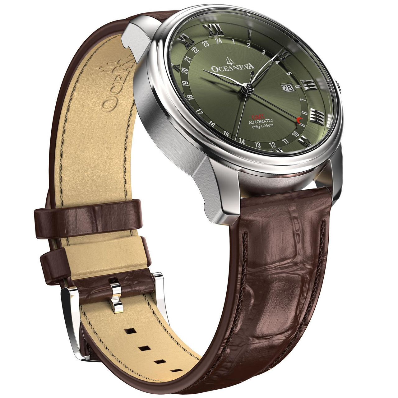 Oceaneva Men's OceanTrek GMT Automatic 200m Leather Watch Olive Drab - OTOD200M34NH-brown strap automatic GMT watch, Automatic watches, Diver GMT, GMT Dive Watch