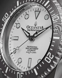 Thumbnail for Oceaneva Mens Deep Marine Explorer II Damascus Steel Watch White Dial Black Strap - DM200WH-BLACKSTRAP Automatic watches, Black FKM rubber strap, damascus steel, Damascus Steel Watch, Diver watch